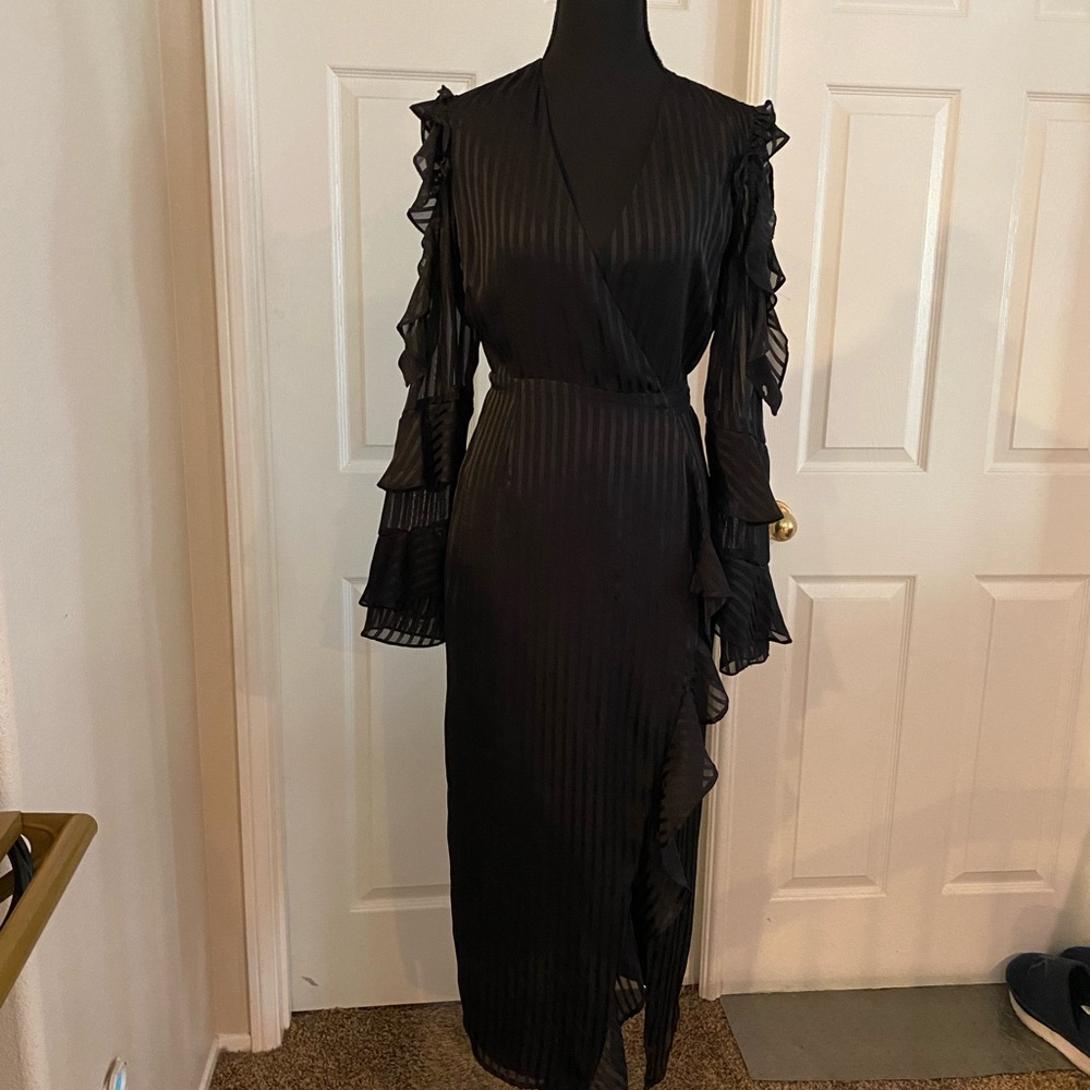 Black Ruched Sheath Dress with Bishop Sleeves